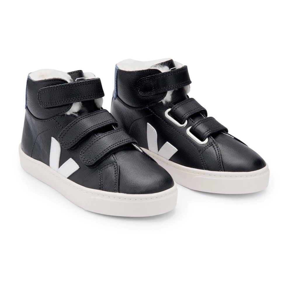 VEJA Kids Esplar Mid Fur-Lined Leather Velcro Sneakers | Black